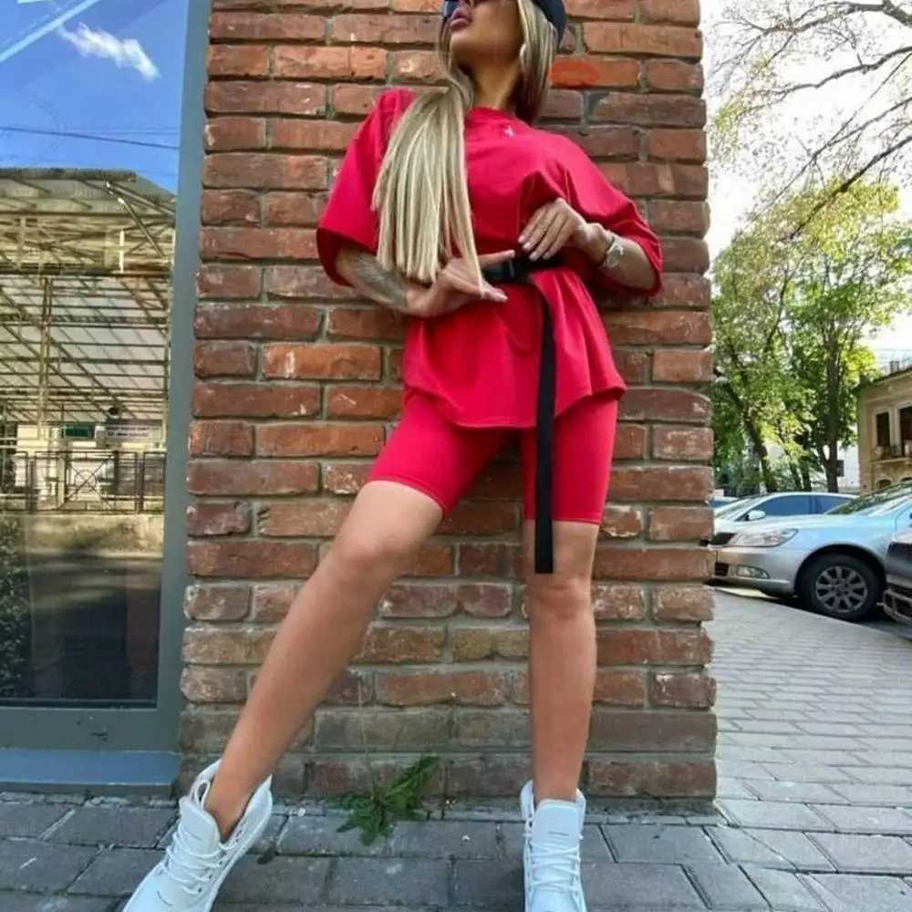 Women Half Sve T-shirt Top Shorts Belt Homewear Two Pieces Suit Leisure Set Loose Sports Tracksuits Summer Hot SuitXJ250106