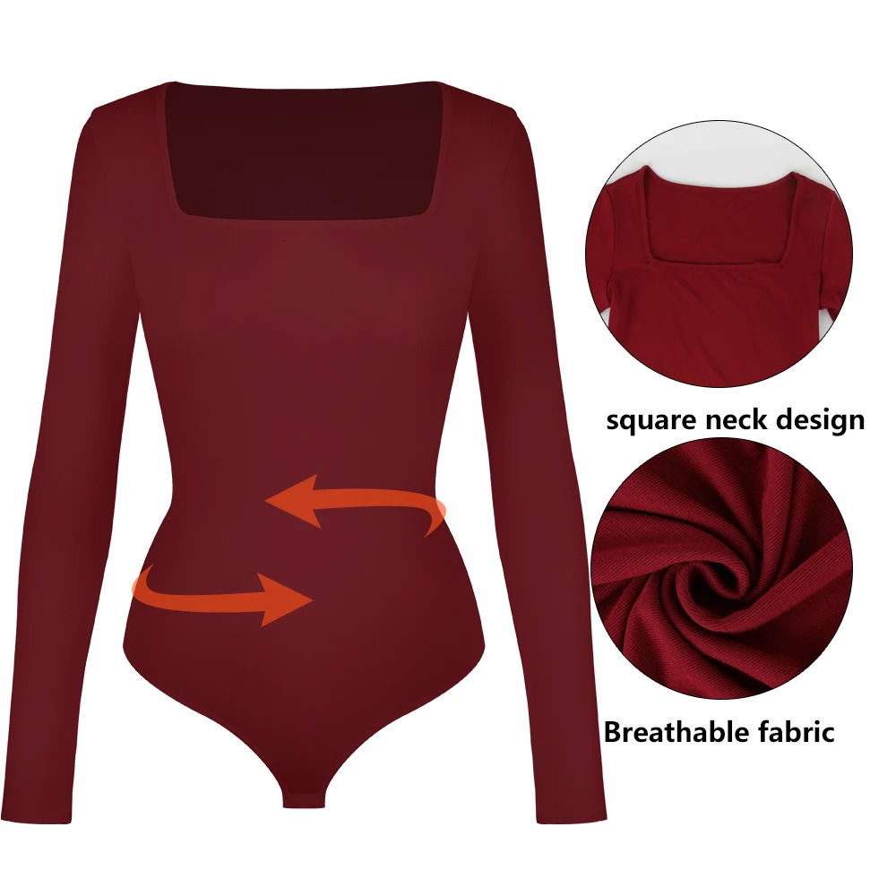 Womens Square Neck Bodysuit Long Sleeved Shapewear Tummy Control Body Shaper Lady Streetwear Female Warm Clothing Autumn Winter 250103