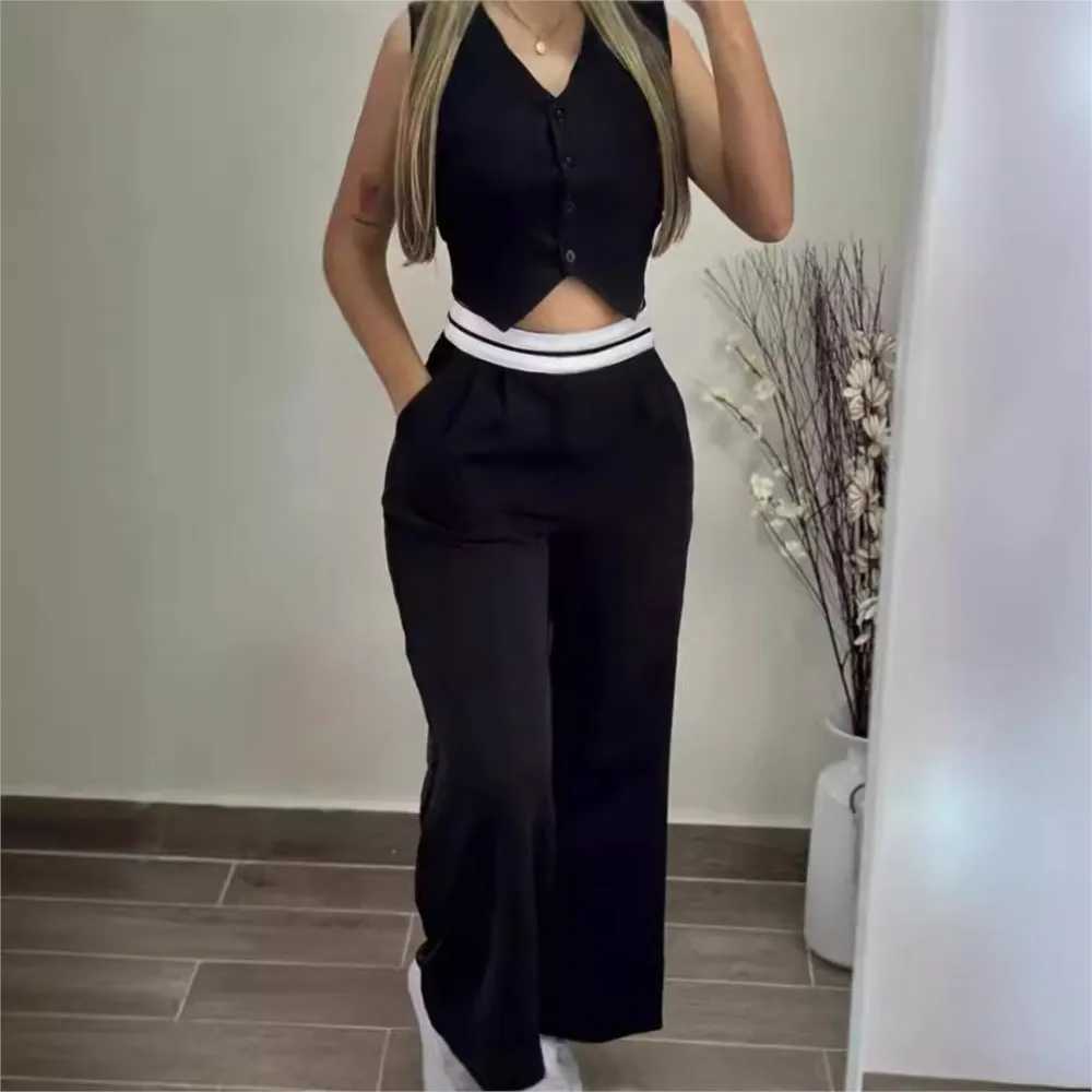 Womens 2 Piece Ele Comting V-Neck Buttoned Vest Top And Contrast Paneled High Waist Pocket Design Wide Leg Pants SuitXJ250106