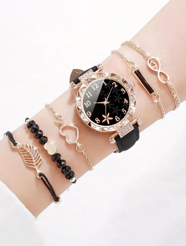 6PCS elegant black leaf plant print ladies quartz watch with feather Love bracelet set selected gift 241228