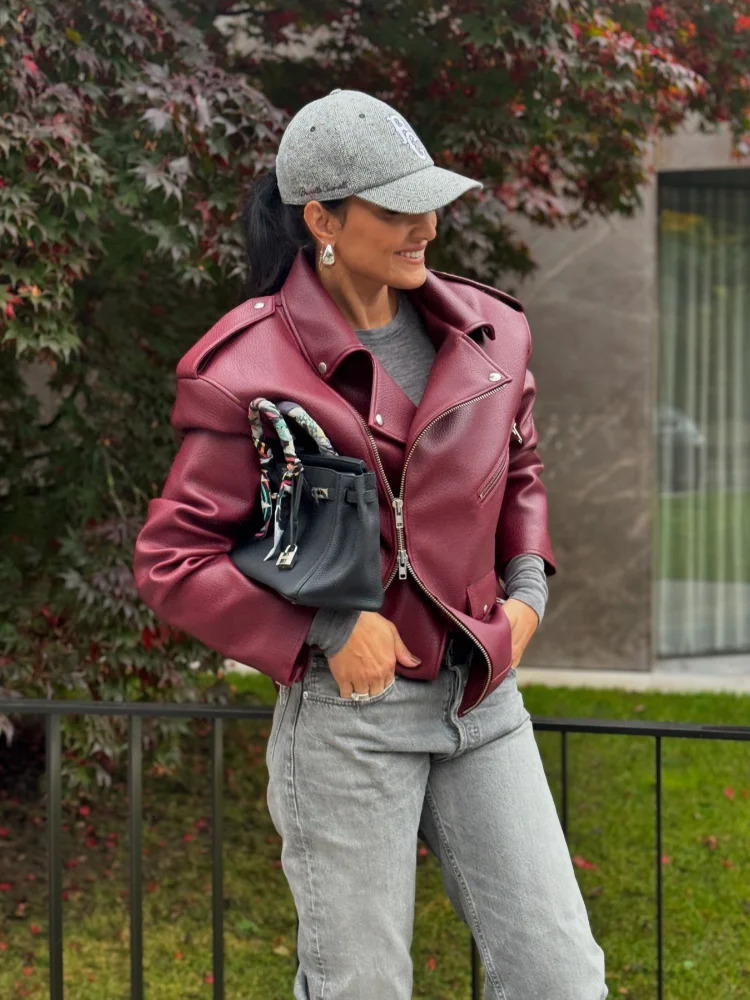 Chic Burgundy Zipper Stand Collar Leather Jackets For Women Fashion Long Sleeve Oversized Buttons Coat 2024 Lady High Streetwear 250103