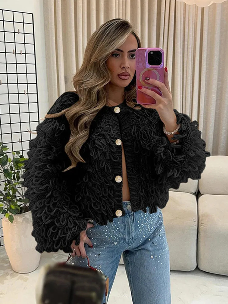 Tassel Knitted Cardigan Women Street Chic O-Neck Long Sleeve Female Sweaters 2024 Autumn Winter Single Breasted Loose Lady Coat 241225