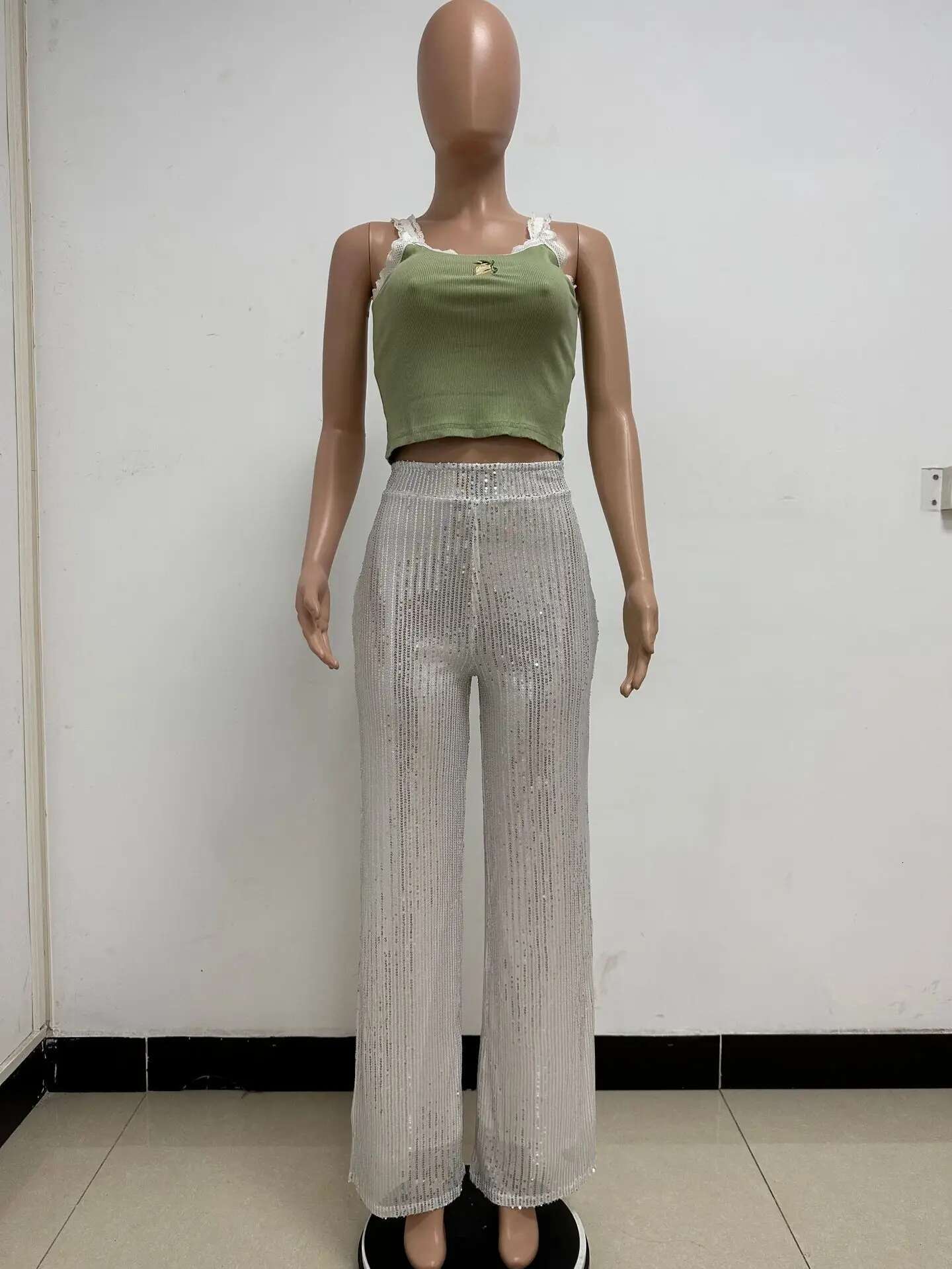 High Waisted Glitter Pants For Women 2025 Spring Summer Clothing Sparkly Sequin Loose Wide Leg Trousers Party Clubwear