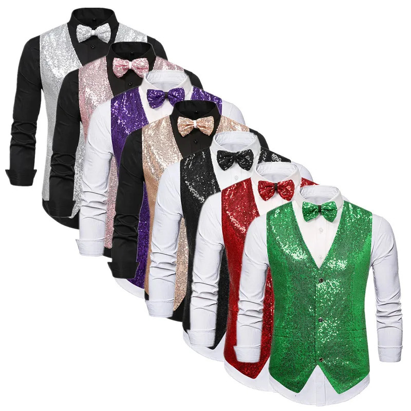 Men Sequins Suit Vest Black Silver Green Red Male y Ball Party Stage Performance Splice Vests Size XXL S 250107