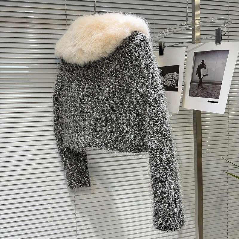 DEAT 2024 Winter New Item Fashion Fur Collar Dia Edge Tweed Short Jacket For Women High Street Coat Female Trend 11A01716