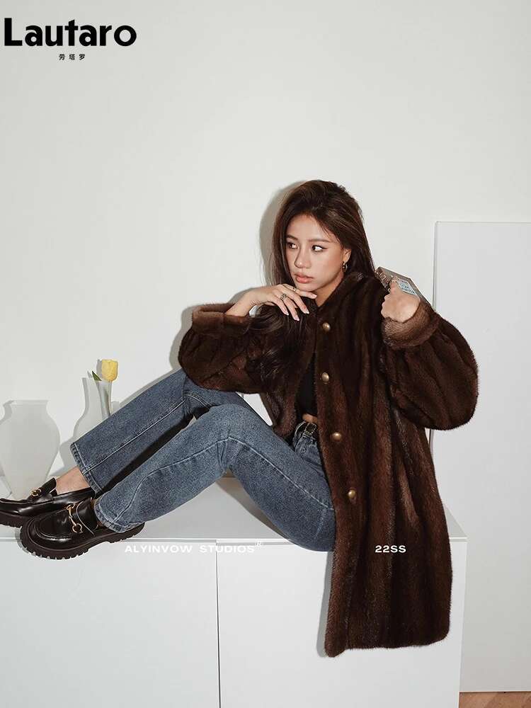 Lautaro Winter Brown Thick Warm Soft Faux Mink Fur Coat Women Long Sleeve Stand Collar Elegant Chic Fluffy Jacket 2023