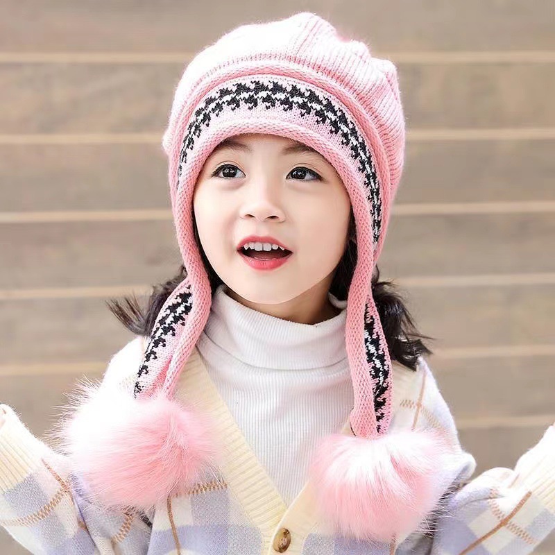 L85634 New Winter Children's Hat Cute Plus Velvet Warm Earmuffs Wool Hat Baby Hat Knitted Hat