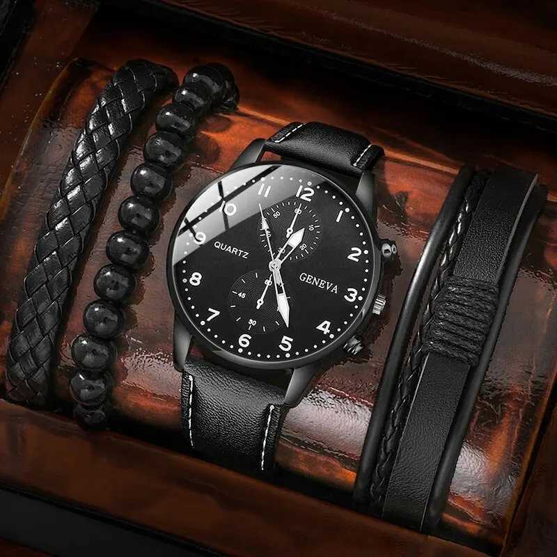 4PCS Set Fashion Mens Sports Watches Man Business Quartz Wristwatch Luxury Vintage Leather Belt Bracelet Men Casual Clock WatchX250107