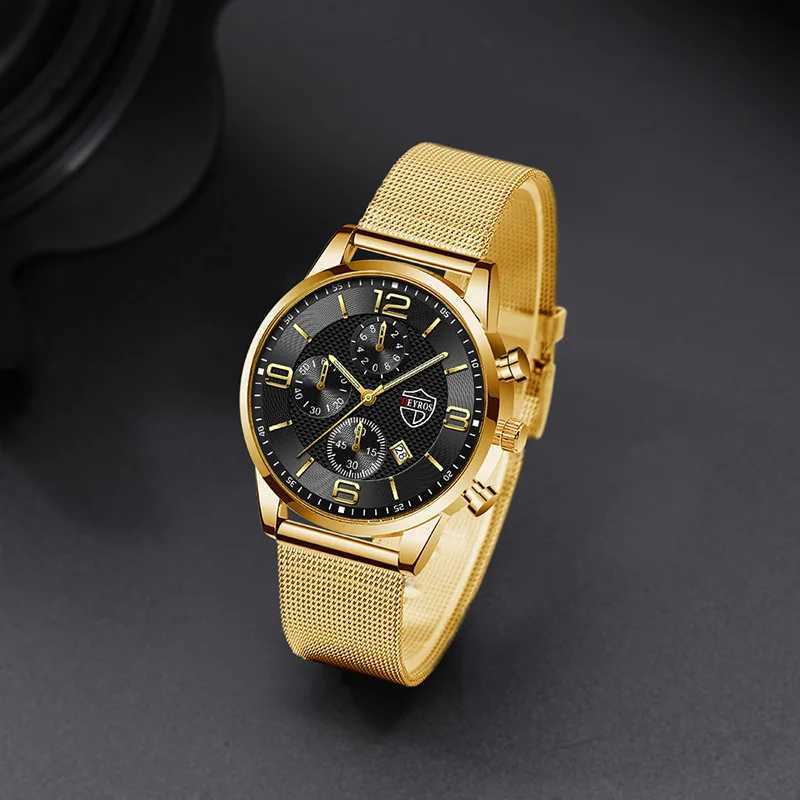 2pcs Fashion Mens Gold Stainless Steel Watches Luxury Quartz Wrist Watch Men Business Casual Calendar Watch Men Necklace SetsX250107