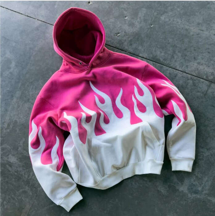 Fashion Trend American Devil Hell Flame Loose Embroidered Splicing Hoodie Unisex