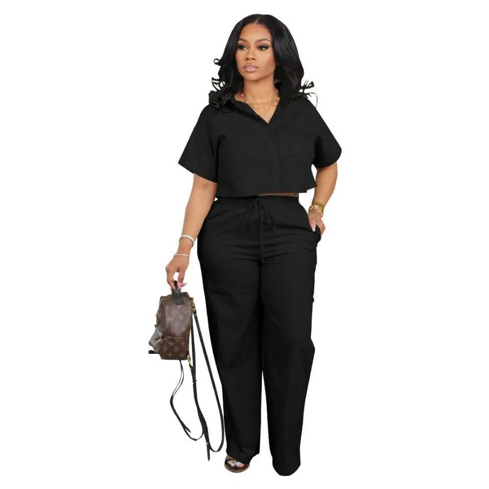 Ele Blouse Set Long Pants Suit Single Breasted Short Sve Shirt Sets Drstring Trousers Suit Work Sets Womens OutfitsXJ250106