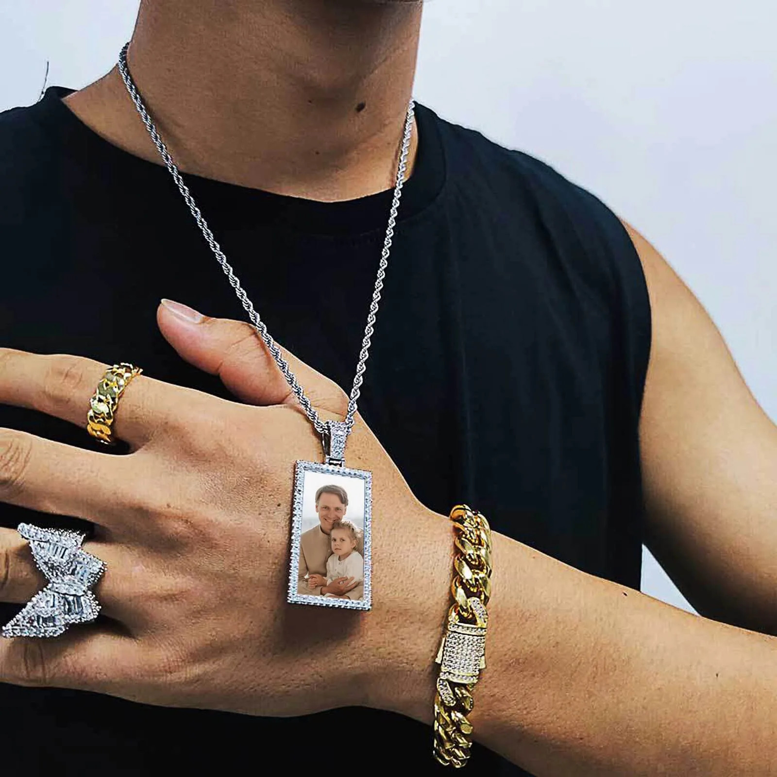Hip Hop Jewelry Rectangle Picture Pendant for Men Women Po Necklace Custom Jewelry Valentines Day Gifts 250107