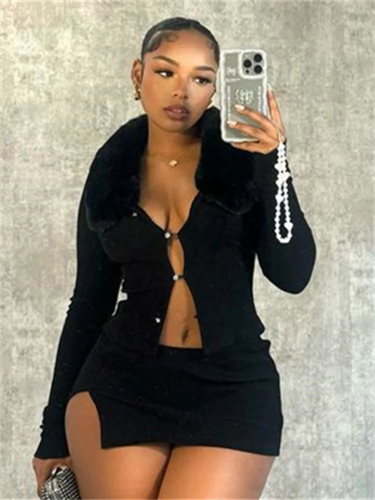 Weird Puss Fluff Patchwork 2 Piece Set Women Cardigan Single-Breasted Full Sleeve Crop JacketRibbed Mini Skirts Sexy Trend Suit 250106