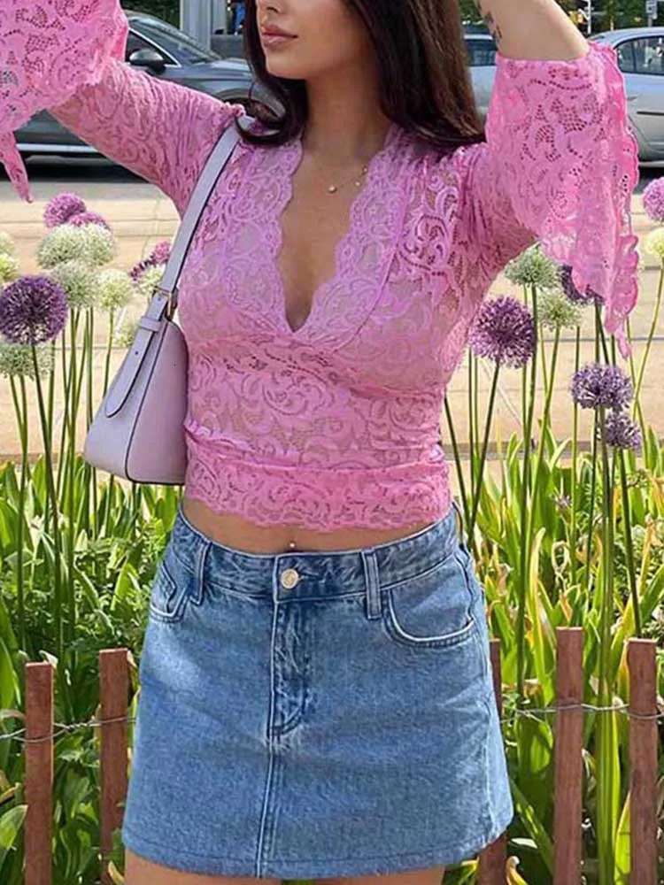 See Through V-neck Long Sleeve Lace Skinny Tops Outfits Women Summer Party Club T-Shirts Tees Club Party Clothes 250106