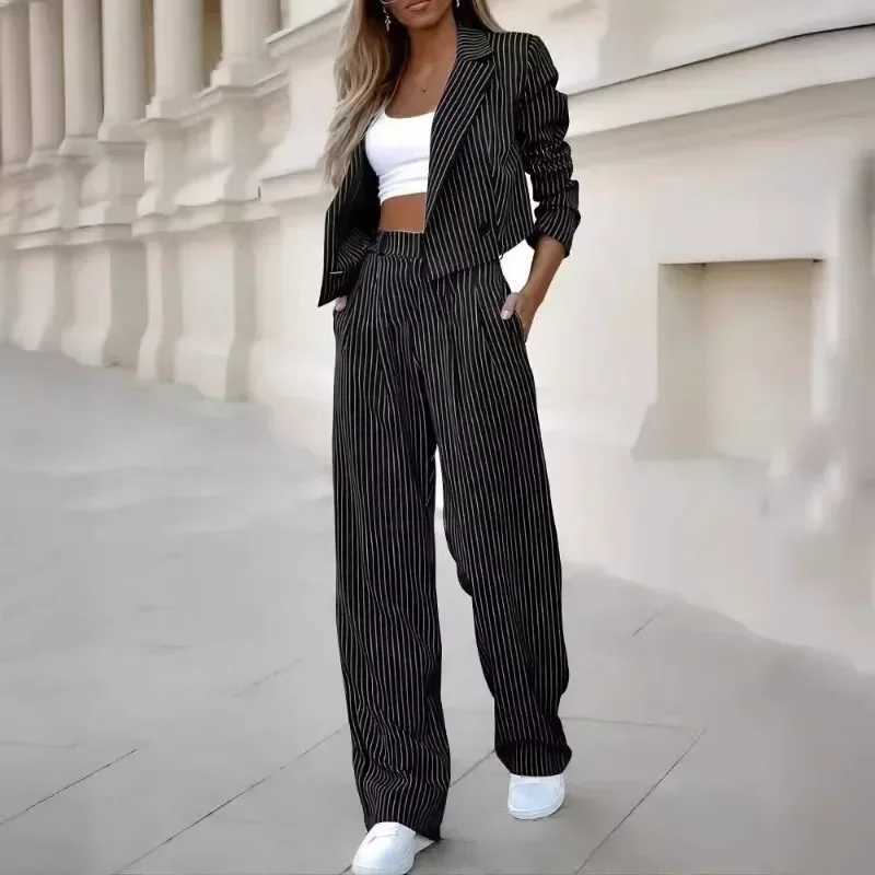 Mandylandy Casual Striped Suits Women Outfits Summer Short Style Lapel Suit Trousers Stripe Blazer Coats Straight-Leg Pants SuitXJ250106