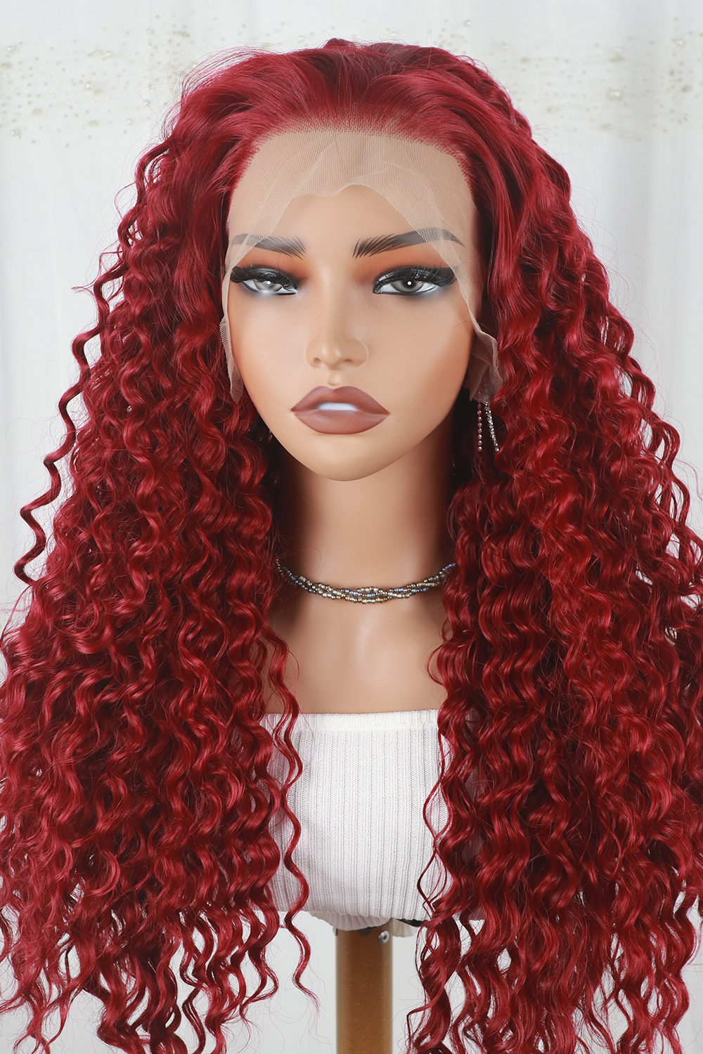 13x4Lace Front Red Deep Wave Wig Fashion Dark Root Realistic Curly Heat Resistant Fiber Look Like Human Hair