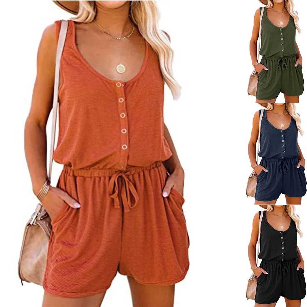 European and American womens summer cross-border new sveless jumpsuit waist casual loose wide leg shortsXJ250106