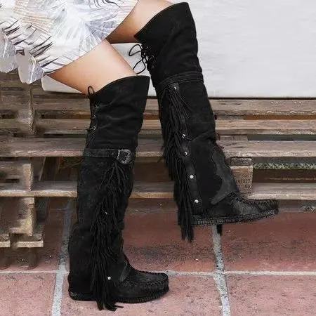 Fashion Bohemian knee length womens boots with ethnic personality high Tassel synthetic suede for girls flat bottomed long Botas unprinted good produc