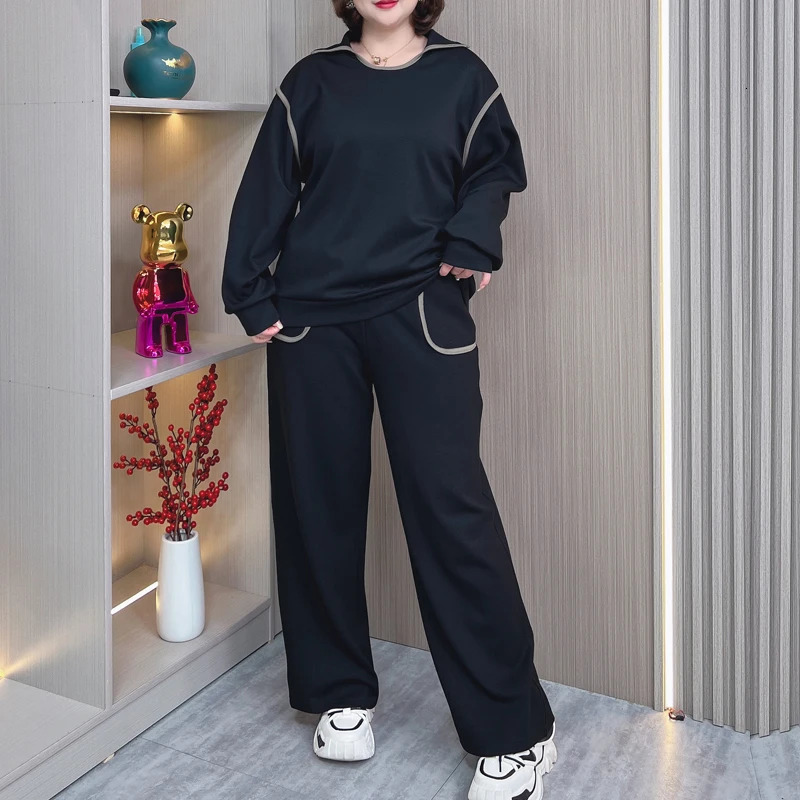 Long Sleeve Stretch Sweatshirt and Pants Set for Women Casual Clothing Block Color Lapel Plus Size 2 Pieces Suit 250106