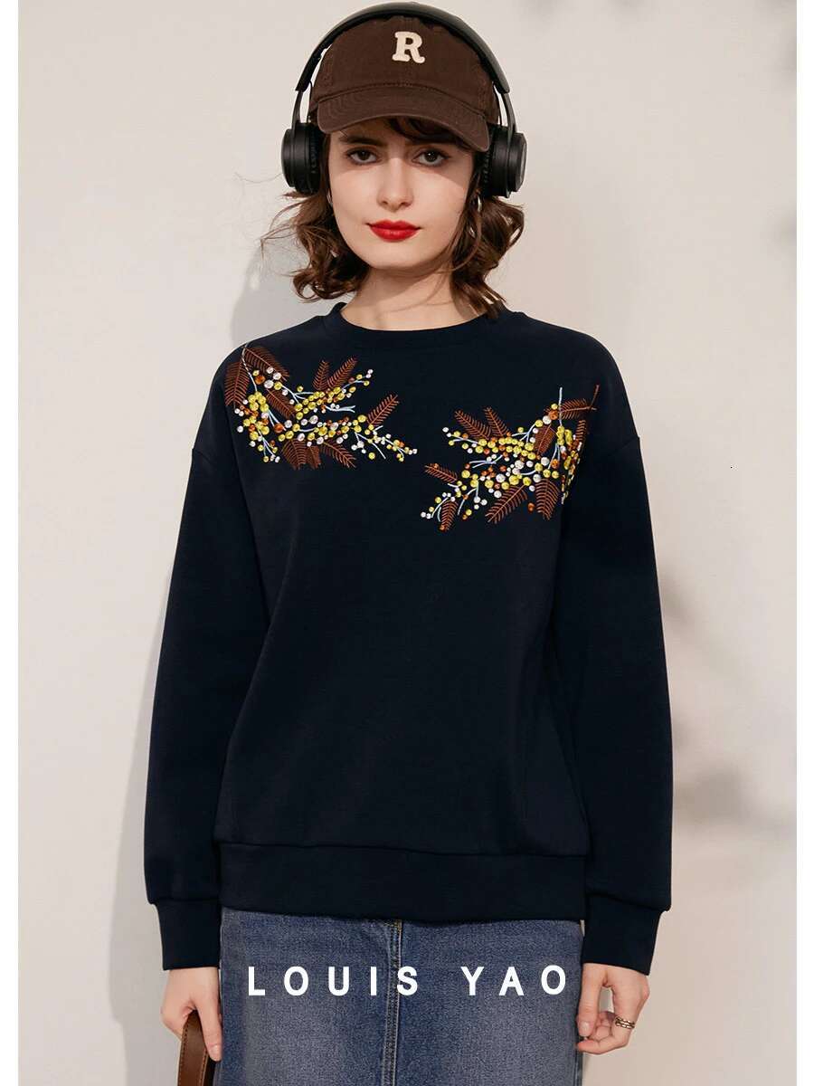 YAO Women Hoodies 2024 Spring New Round Neck Long Sleeve Contrast Color Embroider Casual Loose Fit Pullover Women's Top