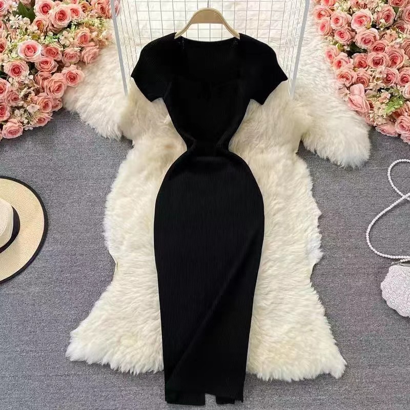 CT721 slim square neck knitted dress short sleeves 2024 summer new style temperament sexy hot girl hip long skirt