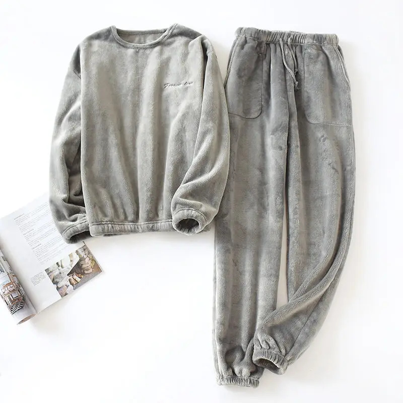 Mens Autumn And Winter Pajamas Longsleeved Trousers Flannel Warm Suit Plus Velvet Thickened Twopiece Home Service Men 250103