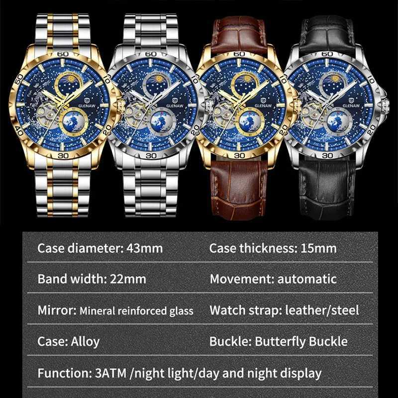 GLENAW Rotating Earth Double Second Hand WristWatch Men Automatic Mechanical Watch Starry Sky Stainless Steel Leather WatchbandX250107