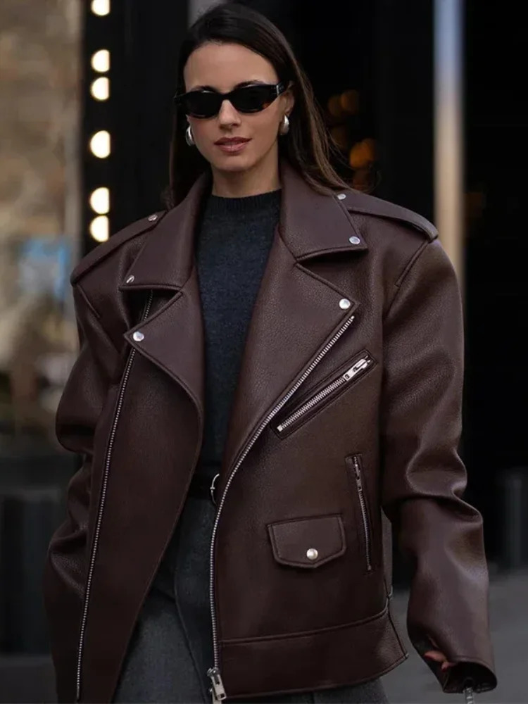 Chic Lapel Collar Leather Zipper Womens Jacket Casual Long Sleeved Vintage Outerwear Autumn Solid Color Female Streetwear 250103