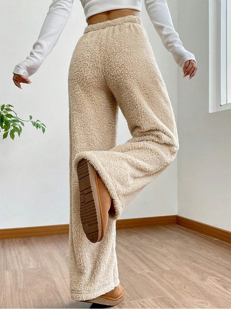 Autumn Winter Solid Women Plush Warm Fleece Wool Pants Casual Loose Drawstring Women High Waist Comfortable Material Sweatpants 250106
