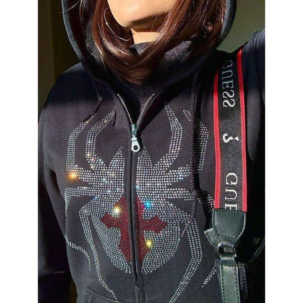 Fashion hoodie dark personality trendsetter hot diamond spider print loose hooded cardigan