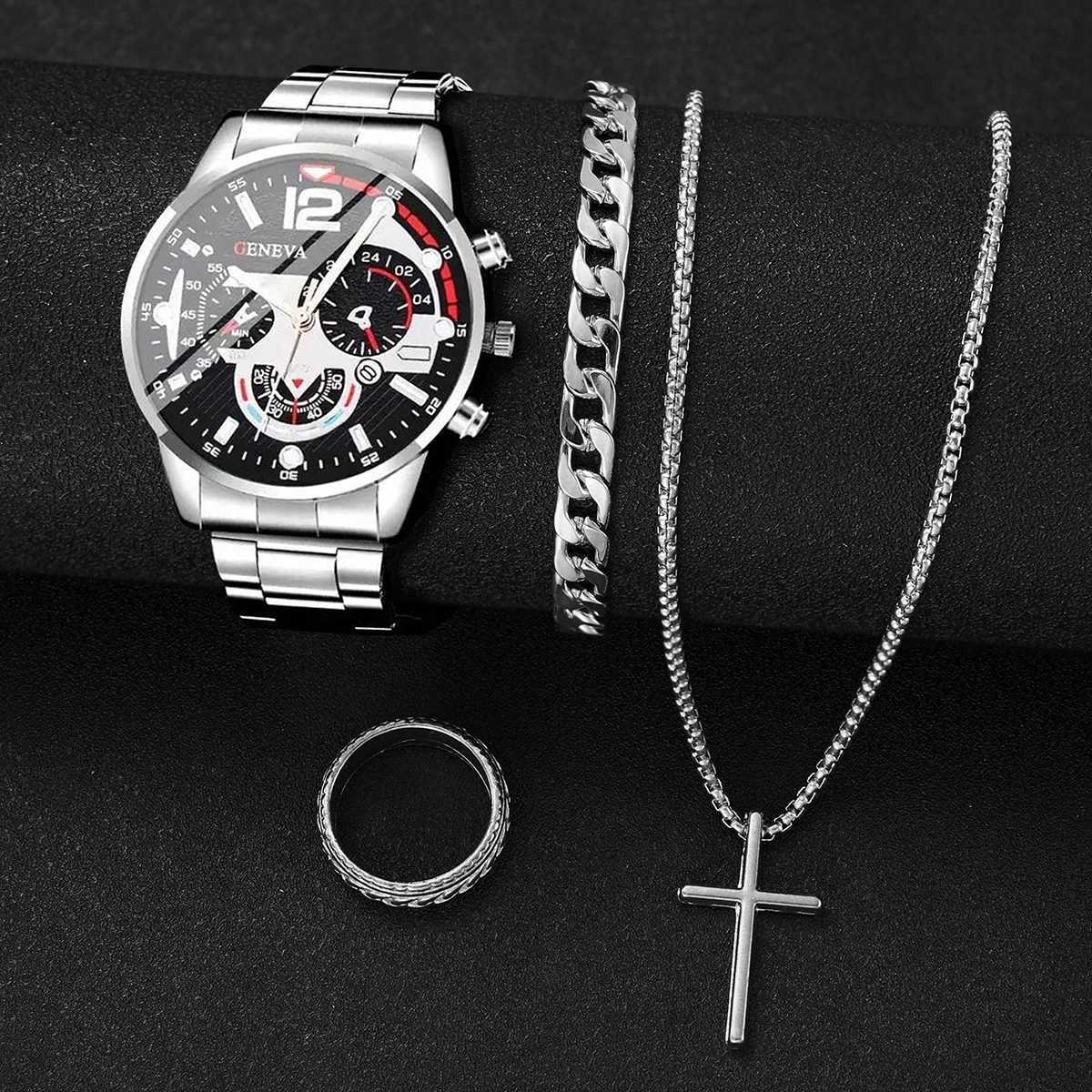 4pcs/set Fashion Mens Watch Set Business Calendar Quartz Watch with Bracelet Necklace Ring SetX250107