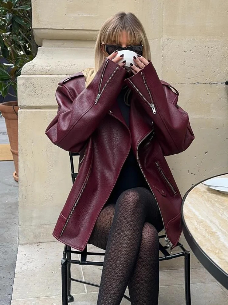 Chic Burgundy Zipper Stand Collar Leather Jackets For Women Fashion Long Sleeve Oversized Buttons Coat 2024 Lady High Streetwear 250103
