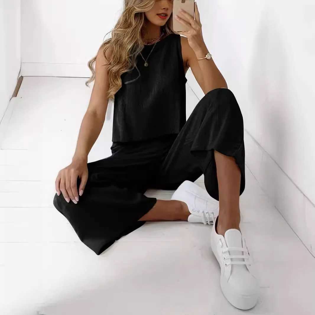 Womens New Cotton Linen Suit Summer Casual Sveless Round Neck Top Trousers Wide Leg Pants Two-piece Set For WomenXJ250106