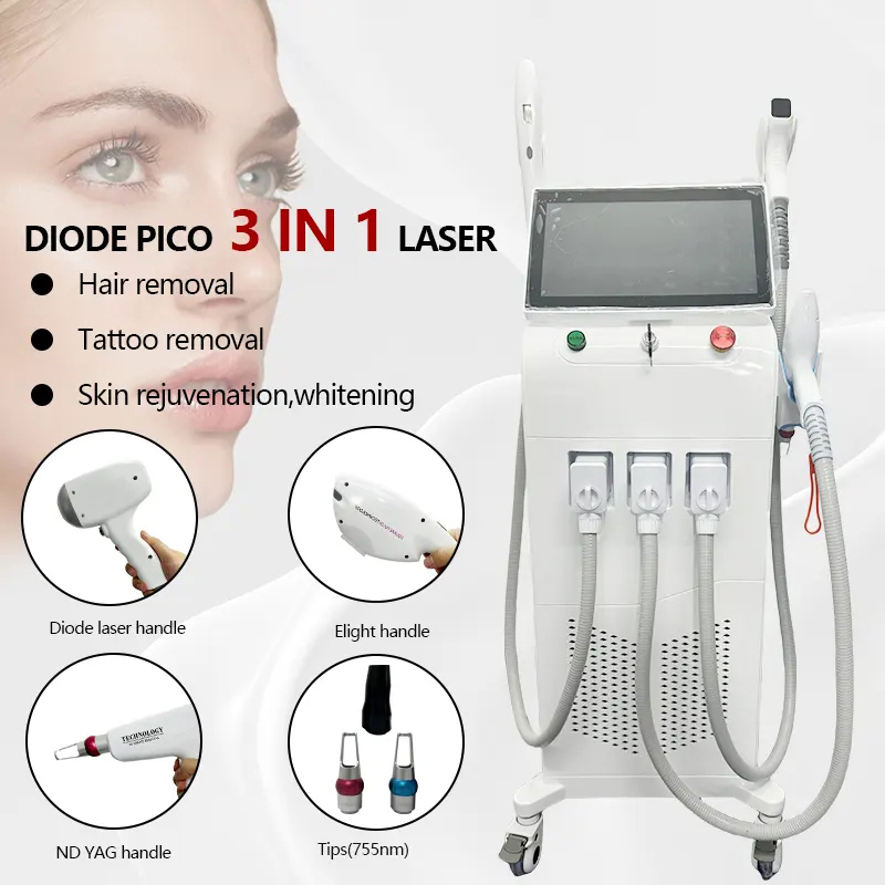 Newest 3 IN 1 Nd Yag Laser Tattoo Removal Beauty Device Fast Hair Removal With IPL Skin Rejuvenation Pigmentation Correctors Machine Equipment