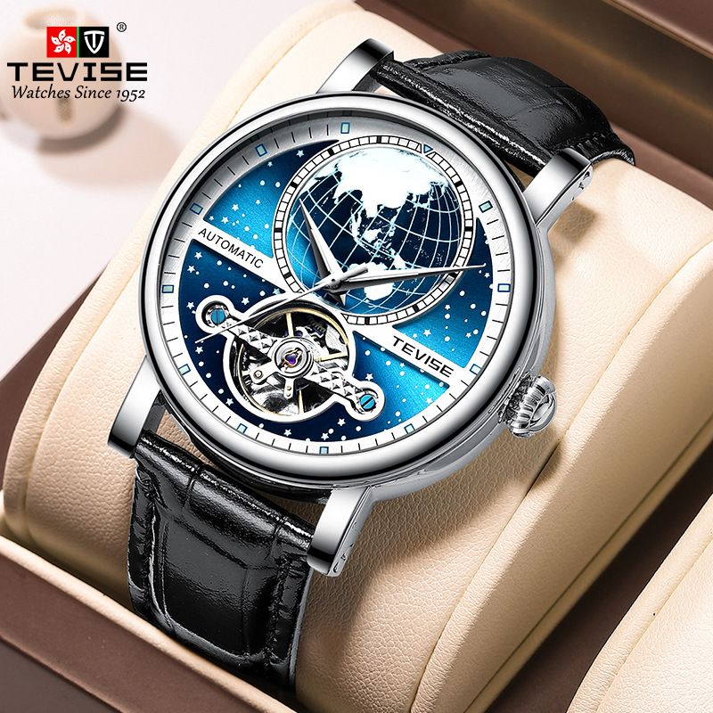 TEVISE 2024 New Style Hollow-out Automatic Mechanical Men's Leather Strap Casual Waterproof Watch T030-T867K