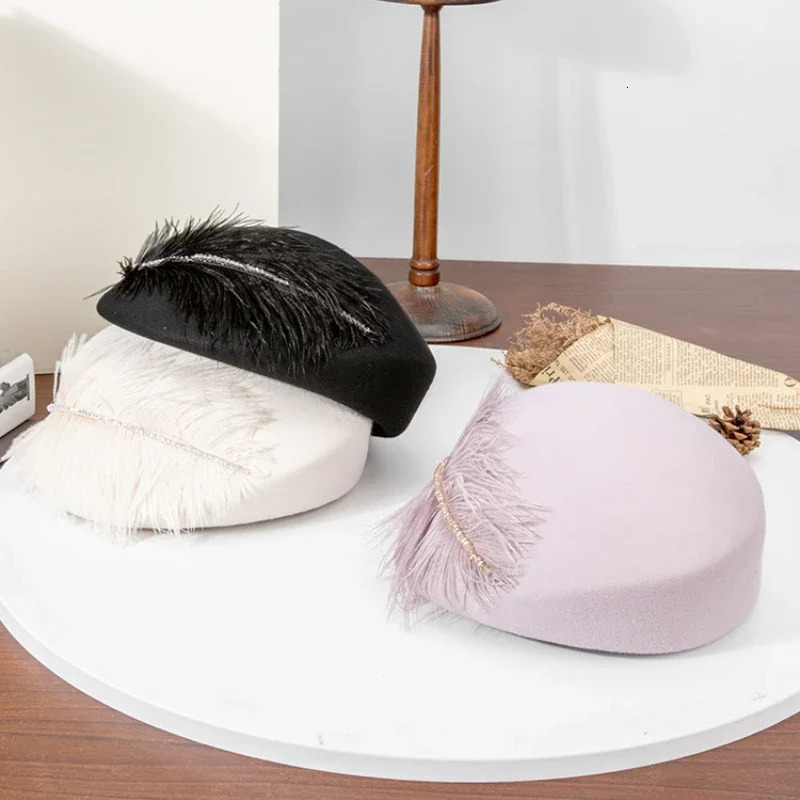 2024 high-end fashion French ostrich wool inlaid with rhinestone wool beret Exquisite and elegant womens banquet hat 250106