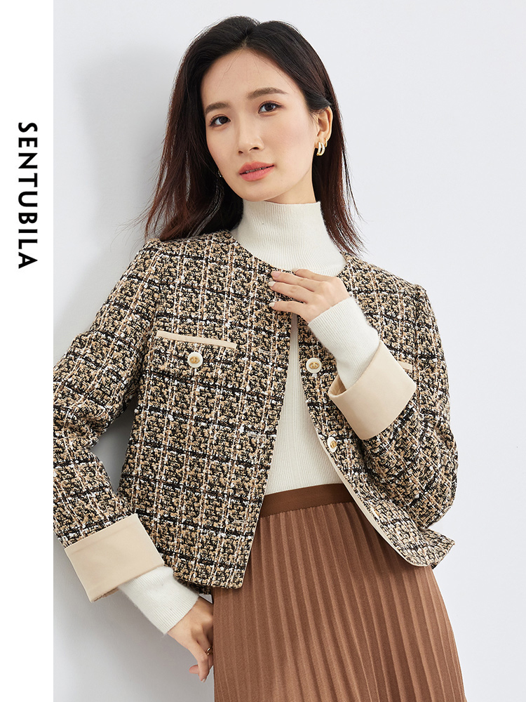 SENTUBILA Contrast Cuff Crop Tweed Jackets For Women 2024 Spring Autumn Elegant Long Sleeve Straight Outerwear Coat 141W52802