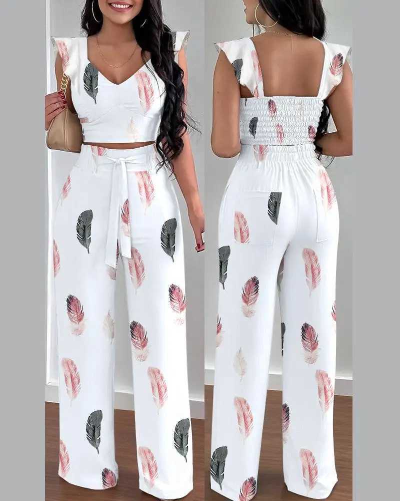 Two Piece Set For Women Summer V-neck Printed Flying Sves Short Top Tie Up High Waisted Pants Fashion Casual Pants SetXJ250106