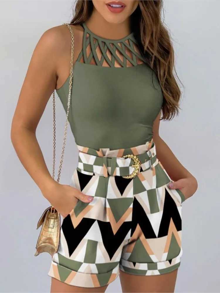 Summer Womens 2-piece Set Tank Tops Hollow Out Beach Slim Short Top Shorts Print Casual Hollow Sveless Vest Two Piece SuitXJ250106