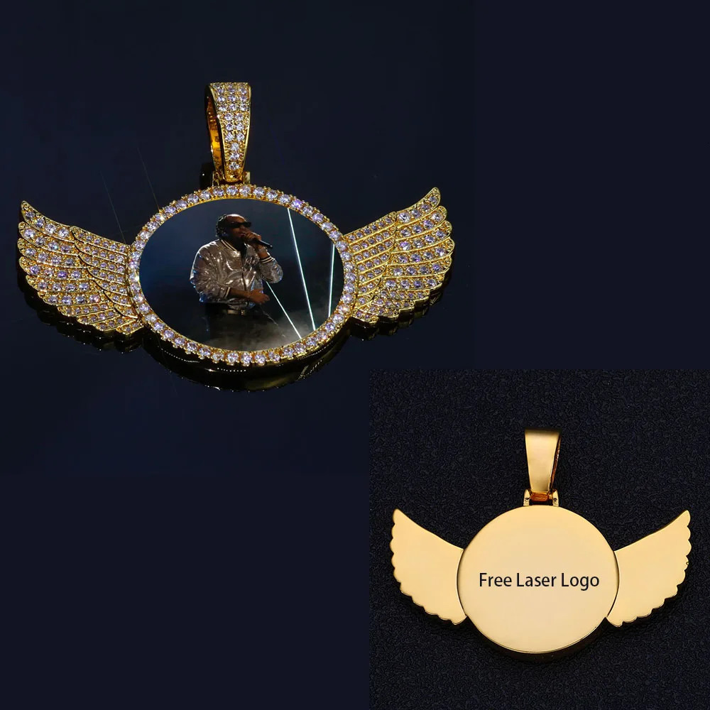 Hip Hop Jewelry 68mm Wing Circle Po Pendant Bling Iced CZ Paved 18k Gold Plated Personalied Picture Pendant Necklace Custom 250107