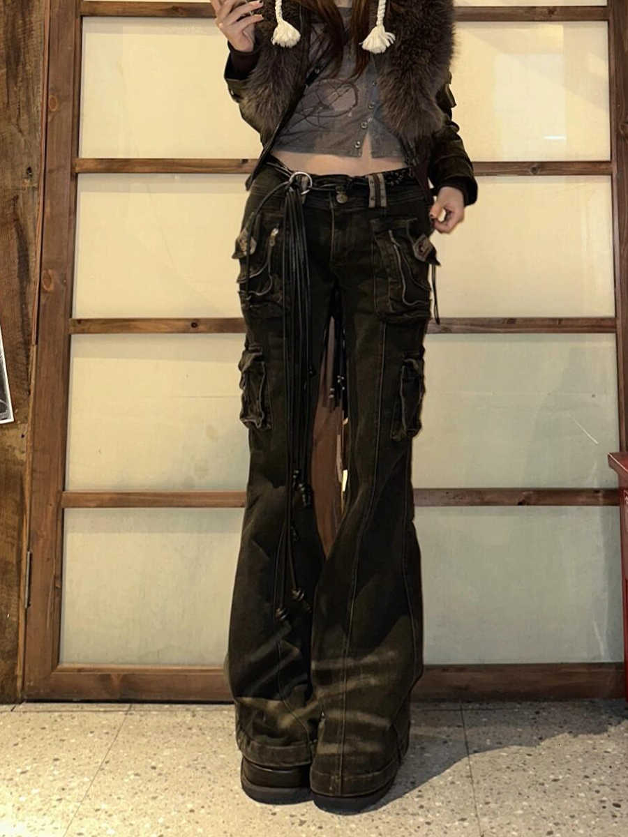 Women Korean Fashion Chic Jeans Grunge Japanese Haruku Gyaru Y2k Denim Cargo Pants Cyber Punk Hip-Pop 2000S Aesthetic Tomboy