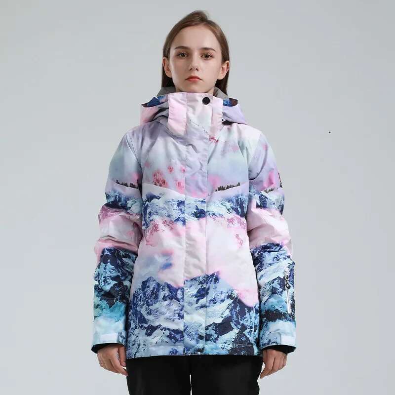 2025 Winter Warm Print Zipper Skiing Jackets Windproof Waterproof Hooded Women Ski Coat Polyester Sport Snow Men Outerwear