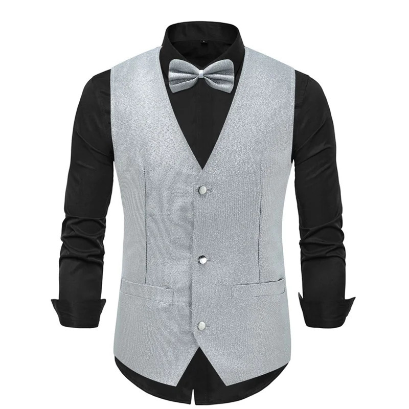 Men Wedding Prom Party Suit Vest Loose Splicing Tops Fashion Singer Stage Performance Dress Waistcoat Free Gift of Bow Tie 250107