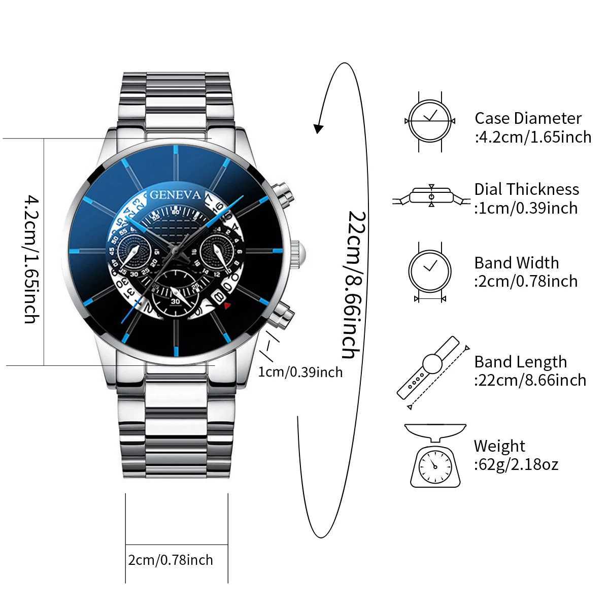 2PCS Men Business Watch Fashion Big Dial Steel Band Calendar Watches Sports Quartz Wristwatch Relogio MasculinoWithout BoxX250107