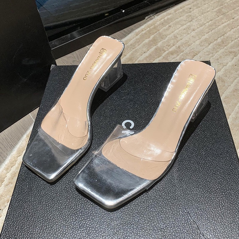 Clear Crystal Transparent Slippers Female Middle Heels Comfortable New Summer Women Shoes Woman Fashion Cool Mules Slides d13d