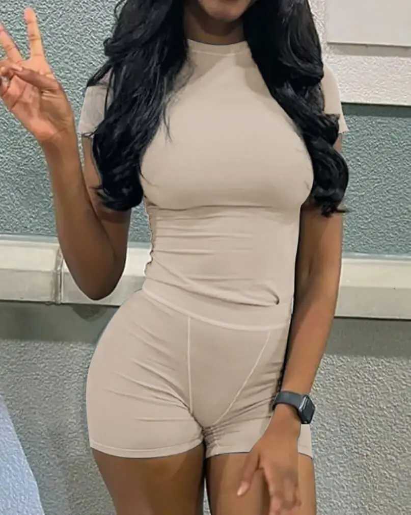 Casual Workout Two Piece Outfits for Women Fitted Crew Neck T-shirt High Waist pants Matching Sets StreetwearXJ250106