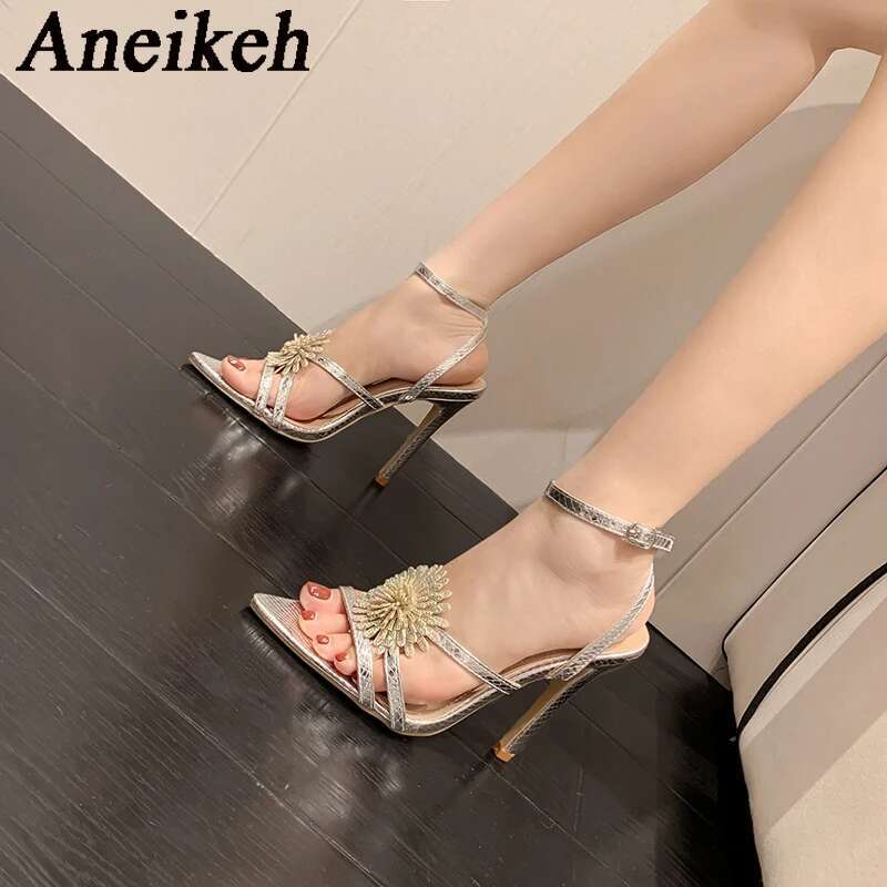 Aneikeh Fashion Rhie Wer Stiletto High Heels Sexy Pointed Toe Runway Sandals Ankle Strap Women Elegant Wedding Banquet