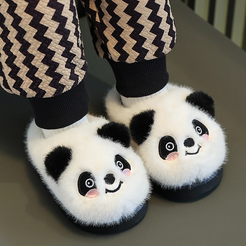 Winter Warm Cute Cartoon Panda Indoor Mule Soft Non-slip Kids Fluffy Slippers For Boys And Girls Children Home Cotton Shoes 250106