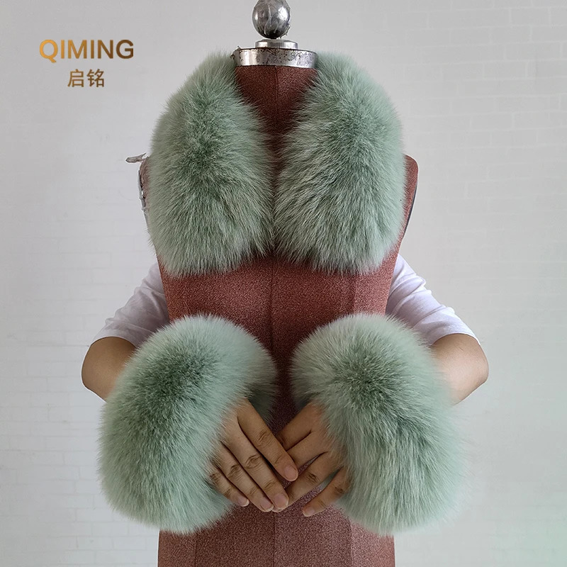 Real Fur Collar Fur Cuffs Set Winter Fox Fur Scarf Neck Warmer Women Coat Decoration Natural Scarves Thick Shawls Wraps 250106
