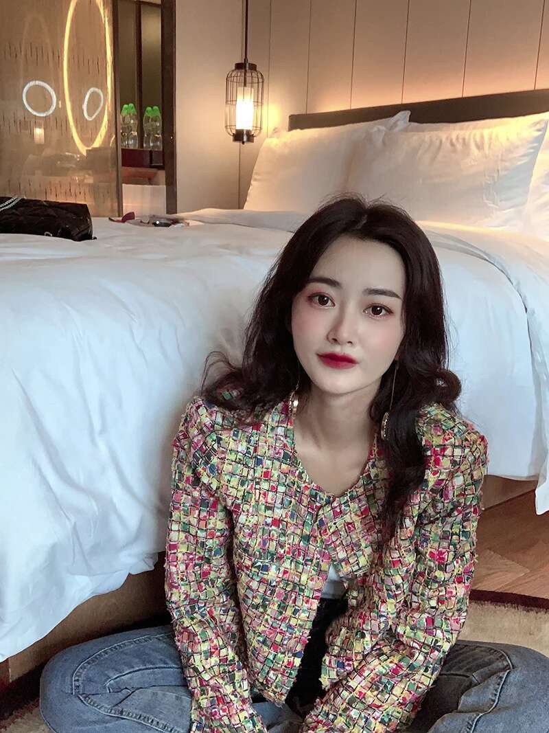 Fashion Temperament Color Plaid Weave Tweed Jacket 2024 Autumn Winter Women New Elegant Woolen Office Ladies Coat